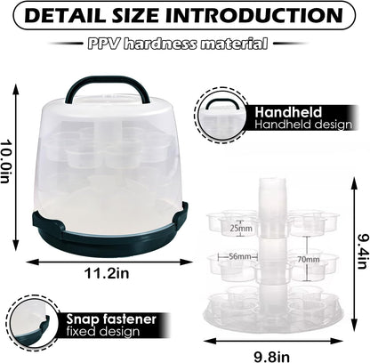 Cake Carrier Round Cake Stand Plus Height Cake Container with Cupcakes Pad, Handle, Lid Reusable Package Box for Transporting Desserts,Pie,Toast,Fruit (10" Black)