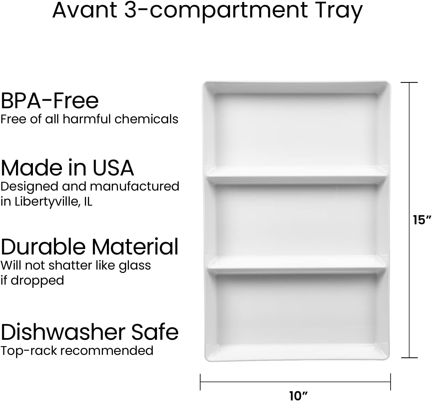 US Acrylic Avant White Plastic Divided Serving Trays (Set of 4) 15” x 5” | Narrow Reusable 3-Section Party Platters | Serve Appetizers, Fruit, Veggies, & Desserts | BPA-Free & Made in USA