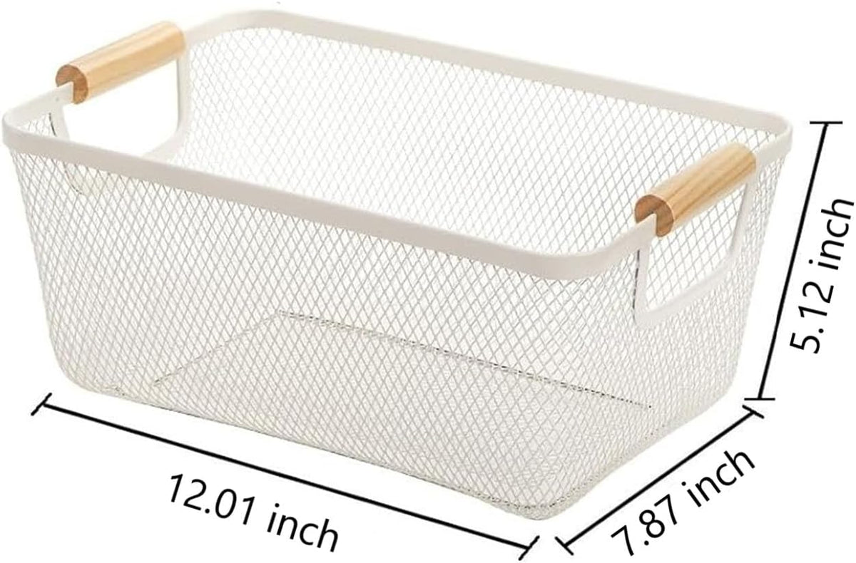 AJIODA Metal Mesh Steel Basket, Large Wire Storage Organizer Basket Multi-function Hanging Kitchen Baskets with Wood Handle for Kitchen Bathroom Picnic Home, Rectangle-Off White