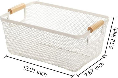 AJIODA Metal Mesh Steel Basket, Large Wire Storage Organizer Basket Multi-function Hanging Kitchen Baskets with Wood Handle for Kitchen Bathroom Picnic Home, Rectangle-Off White