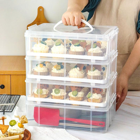 4-Tier Cupcake Carrier Holds 48 Cupcakes - Portable Dessert Holder with Secure Clips & Clear Shell, Stackable Storage Container for Parties, Birthdays, Baking, Clear/White