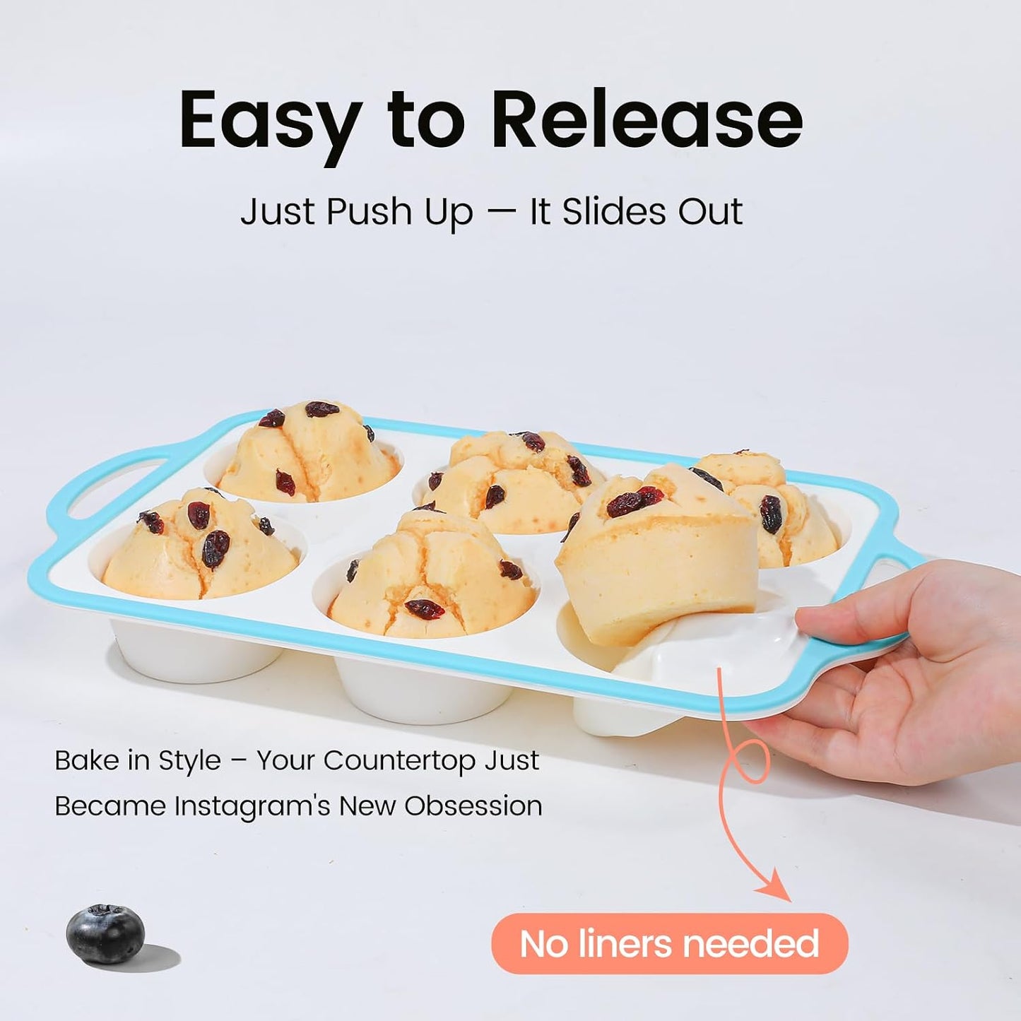 Silicone Muffin Pans for Baking 2 Pack, 2.6 Inch with Metal Reinforced Frame, Regular Size Nonstick Cupcake Pan 12 Cups for Baking Homemade Muffins, Dishwasher Safe BPA Free-Blue