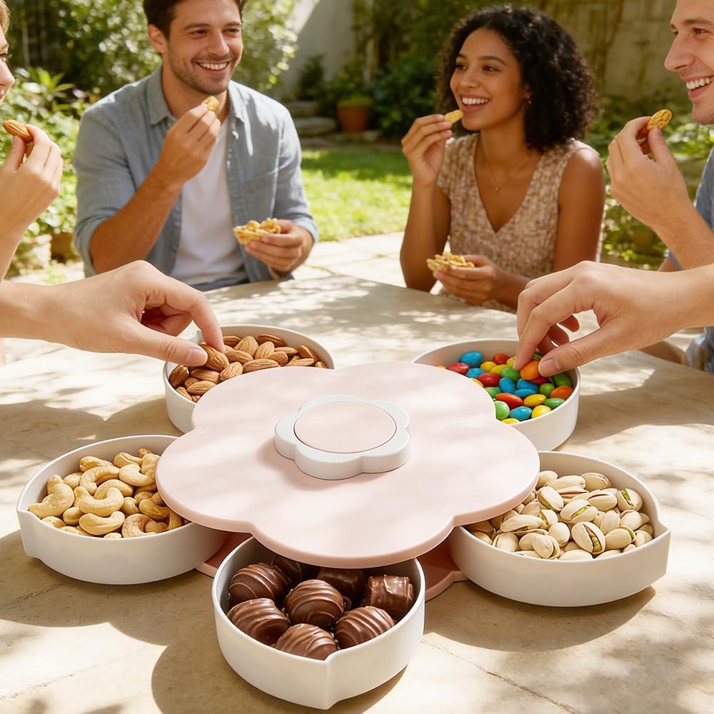 Divided Serving Tray that Spins, Flower Shaped Rotating Snack Container with Lid, 5-Compartment Twist and Turn Snack Fruit Food Platter Tray for Picnic Parties Home Kitchen (Pink)