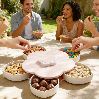 Divided Serving Tray that Spins, Flower Shaped Rotating Snack Container with Lid, 5-Compartment Twist and Turn Snack Fruit Food Platter Tray for Picnic Parties Home Kitchen (Pink)