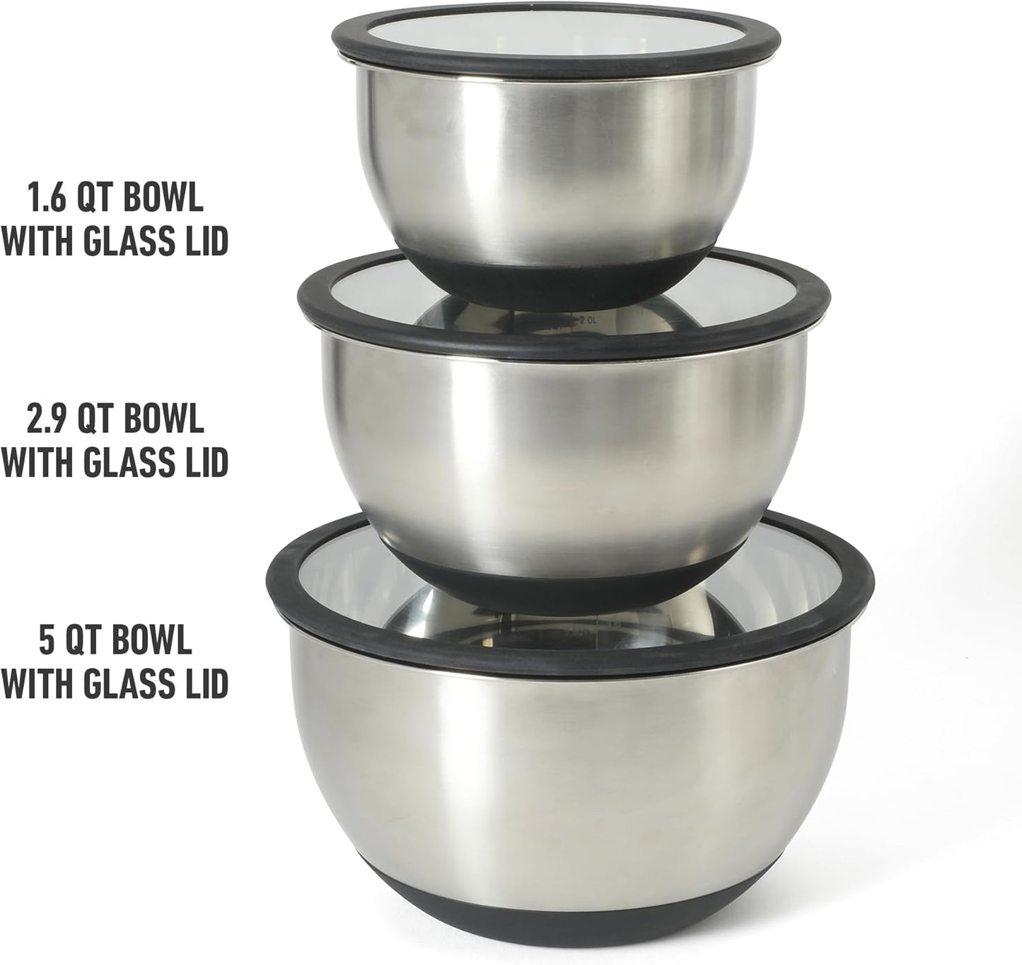Calphalon Mixing Bowl Set, Stainless Steel Mixing Bowls With Lids, 3-Piece Stainless Steel Mixing Bowls with Glass Lids & Non-Slip Silicone Base, Prep and Storage Bowls Dishwasher Safe