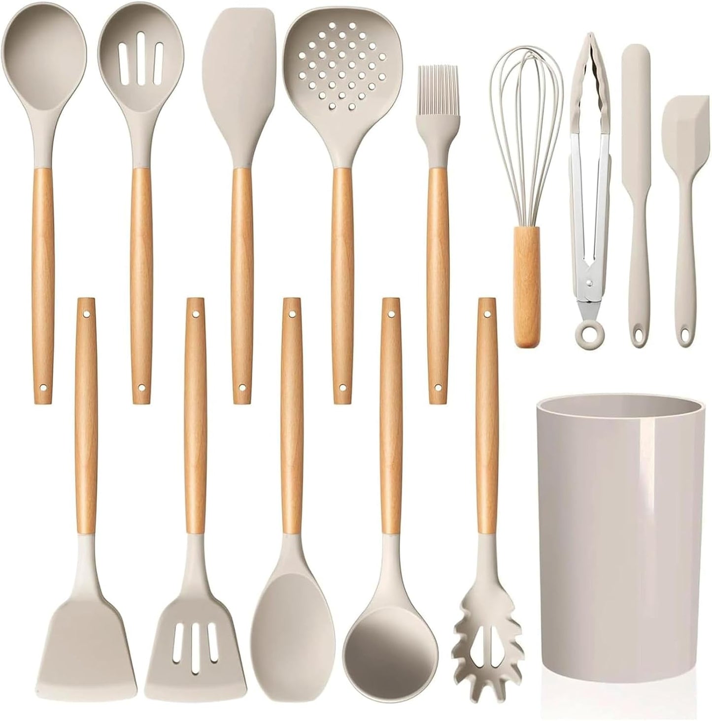 LIANYU 15 PCS Silicone Kitchen Utensils Set with Holder, Cooking Utensils set for Nonstick Cookware, Heat Resistant & Non Toxic Spatula Ladle Tong, White