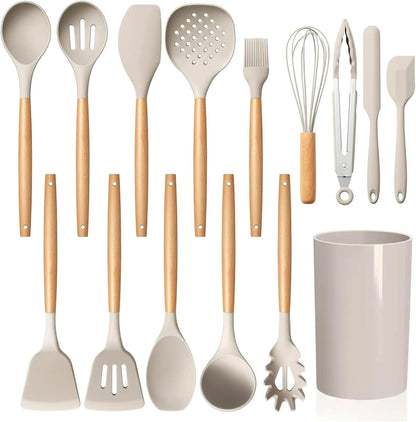 LIANYU 15 PCS Silicone Kitchen Utensils Set with Holder, Cooking Utensils set for Nonstick Cookware, Heat Resistant & Non Toxic Spatula Ladle Tong, White
