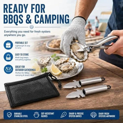 5 Pcs Oyster Shucker Machine 2026 New Oyster Opener Kit Professional Stainless Steel Clamp with 2 Knives Cut Resistant Glove Mesh Bag Helps Keep Juice for Seafood BBQ Camping Kitchen