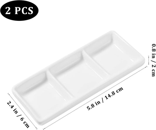 DOITOOL 2Pcs Ceramic Serving Platters, 3 Compartment Appetizer Serving Trays Snack Dishes, White Rectangular Divided Sauce Dishes for Home Restaurant Kitchen