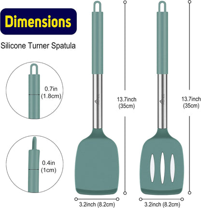 HOTEC Silicone Spatula Set of 2 Heat-Resistant 600°F & BPA-Free Kitchen SaptulaTurner with Stainless Steel Handles, Slotted & Solid Spatulas for Nonstick Cookware, 13.7 Inch, Classic Blue