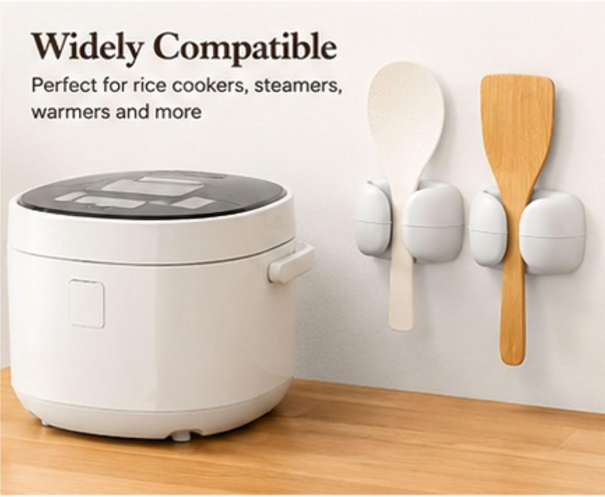 2 Pack Rice Paddle Holder Stand Rest Self Adhesive Mount Rice Spoon Holder Storage Organizer Clip for Rice Spatula Scooper Rice Cooker Rice Maker Steamer Warmer Grain Cooker（white）