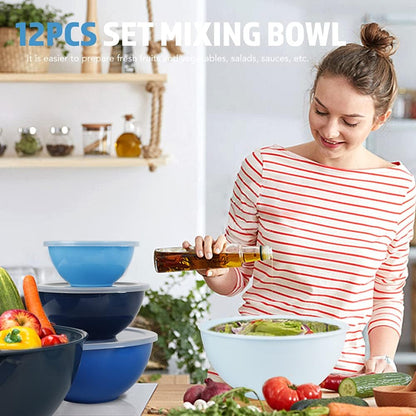 BoxedHome BPA Free Plastic Round Mixing Bowl with Lids, 12 Pack Nesting Bowls with Lids Set, Microwave and Dishwasher Safe Prep & Serving Bowls Great for Mixing, Baking, Serving (pinkish green, 12pcs)