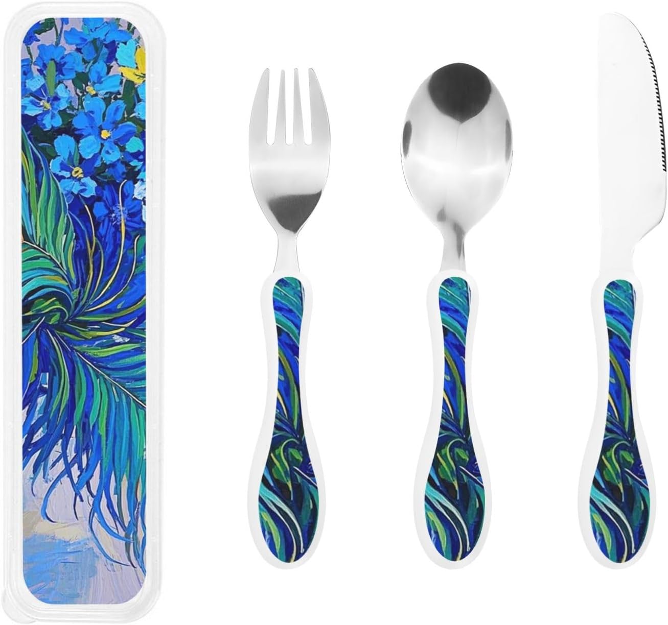3-Piece Kids Silverware Set With Storage Case, Stainless Steel Reusable Children Safe Knife Spoon Fork Set Dreamy Jellyfish Print Children Flatware Set For Kids Lunch Box