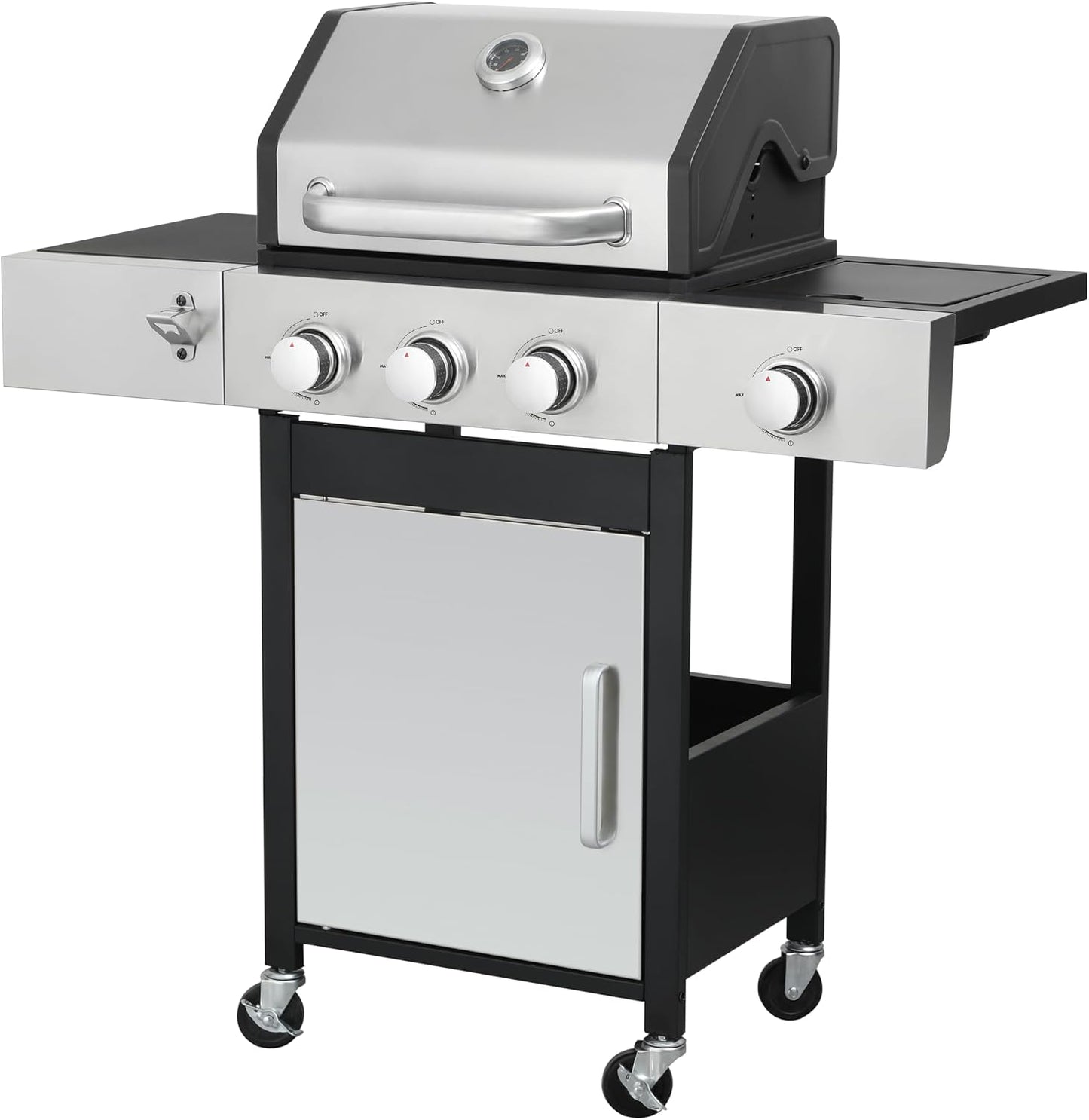 3-Burner Propane Gas Grill, 30,000 BTU Stainless Steel Outdoor BBQ Grill with Lid, Side Shelves & Wheels for Patio, Garden and Backyard Cooking