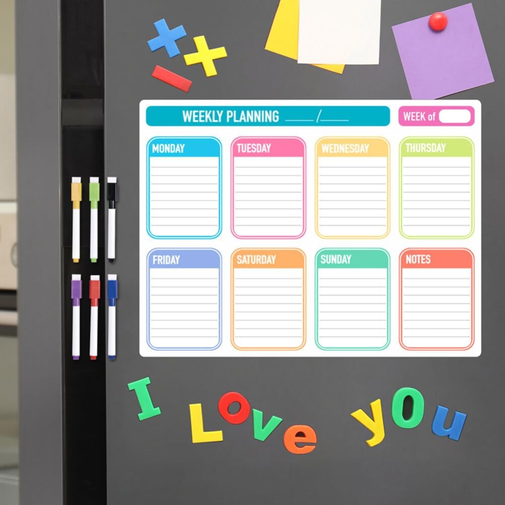 NUOBESTY 1set Magnetic Dry Erase Weekly Meal Planner Board Reusable Fridge Calendar for Easy Organization Includes Cups Towel for Home Office Use