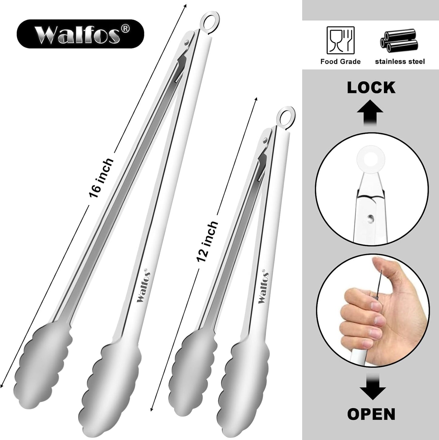 Walfos Kitchen Tongs for Cooking, 600℉ Heat Resistant Stainless Steel Tongs, All Metal Heavy Duty Tongs For Food ,BBQ Grilling - 7 ，9 and 12 Inch ,Set of 3