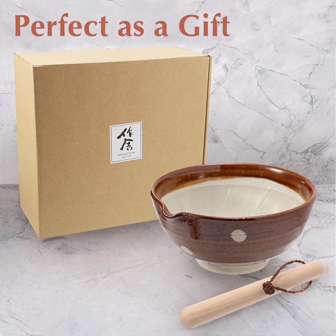 TIKUSAN Japanese Ceramic Ripple Ridge Mortar & Pestle Suribachi Bowl and Surikogi Set with Spout 7.1 inches Made in Japan (Brown)
