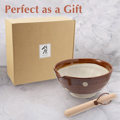 TIKUSAN Japanese Ceramic Ripple Ridge Mortar & Pestle Suribachi Bowl and Surikogi Set with Spout 7.1 inches Made in Japan (Brown)