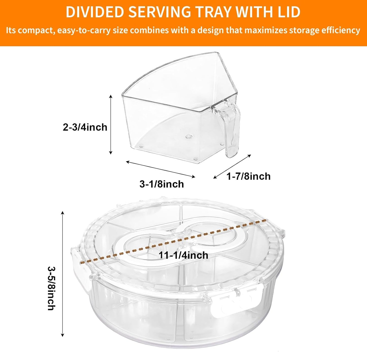 Aufind Divided Serving Tray with Lid and Handle, Stackable Snackle Box Container for Fruits Candy Veggies, Portable Spinning Rounded Tray with 6 Removable Dip Bowls