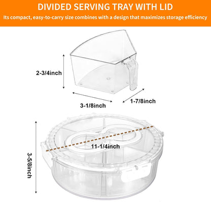 Aufind Divided Serving Tray with Lid and Handle, Stackable Snackle Box Container for Fruits Candy Veggies, Portable Spinning Rounded Tray with 6 Removable Dip Bowls