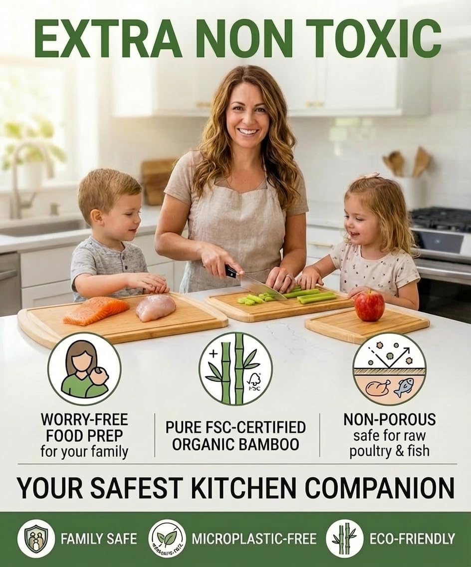 Greener Chef Luxury Wood Cutting Board 3-Piece Set with Vertical Grain Strength Technology - Extra Large Bamboo Cutting Boards for Kitchen with Deep Juice Grooves for Chopping - Lifetime Replacements