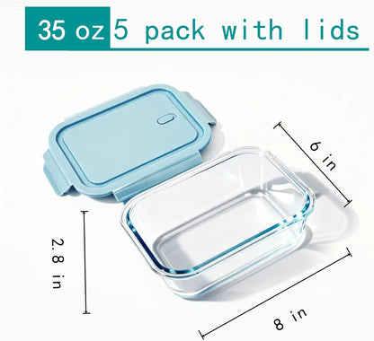 5Pack (32oz-3 Compartments with Lunch Bag) Glass Food Storage Containers with Lids for Kitchen Meal Prep, Fridge Organization, Lunch Box