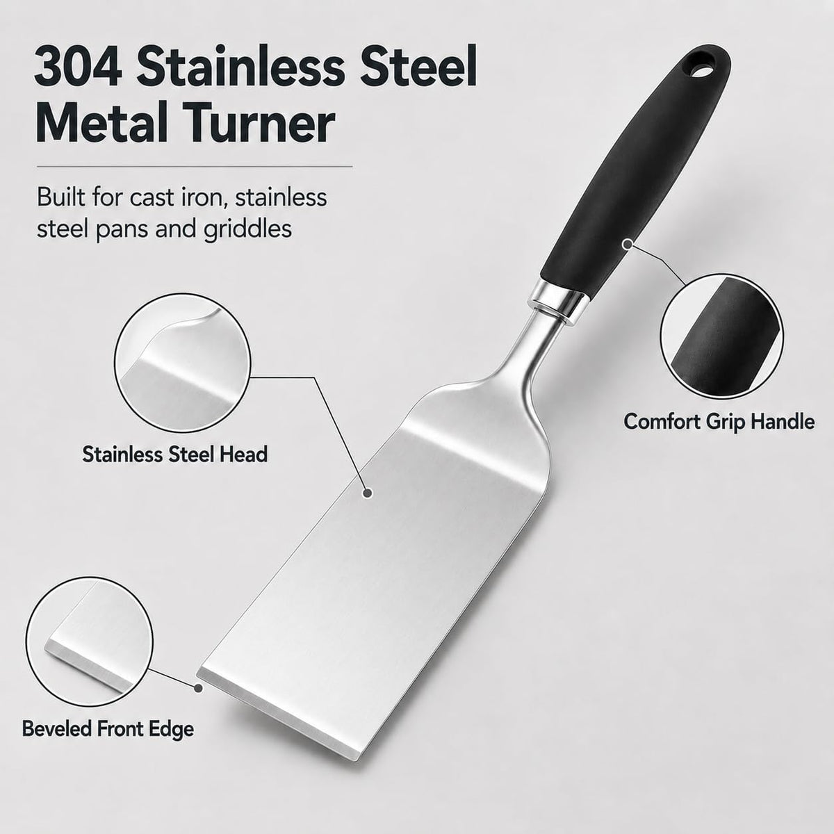 304 Stainless Steel Fish Spatula, Thin Flexible Slotted Turner | Non-Slip Ergonomic Handle, Metal Spatula for Fish, Eggs, Burgers, Cast Iron & Griddle, Black