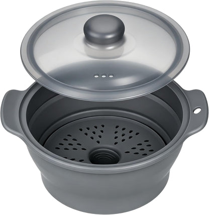 Collapsible Silicone Microwave Vegetable Steamer with Removable Steam Rack,42oz Heat-Resistant Cooker with Steam Holes,Easy to Store Freezer Dishwasher Safe,BPA Free (Grey)