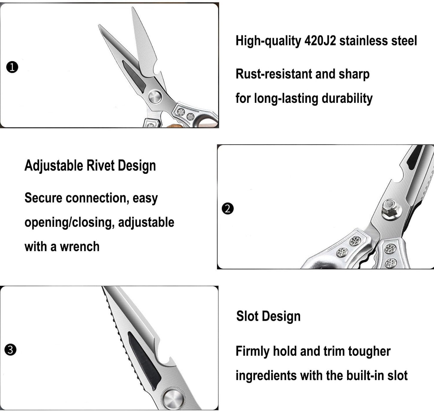 Heavy Duty Kitchen Scissors - 3.0mm Thickened Professional Stainless Steel Blades, All-Purpose Dishwasher Safe Meat & Poultry Shears for Cutting Chicken Bones, Food Prep