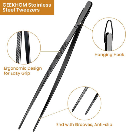 GEEKHOM 4-Piece 12 & 10-Inch Cooking Tongs: Professional Stainless Steel Scissor Tongs Set with Non-Slip Grip (Black)