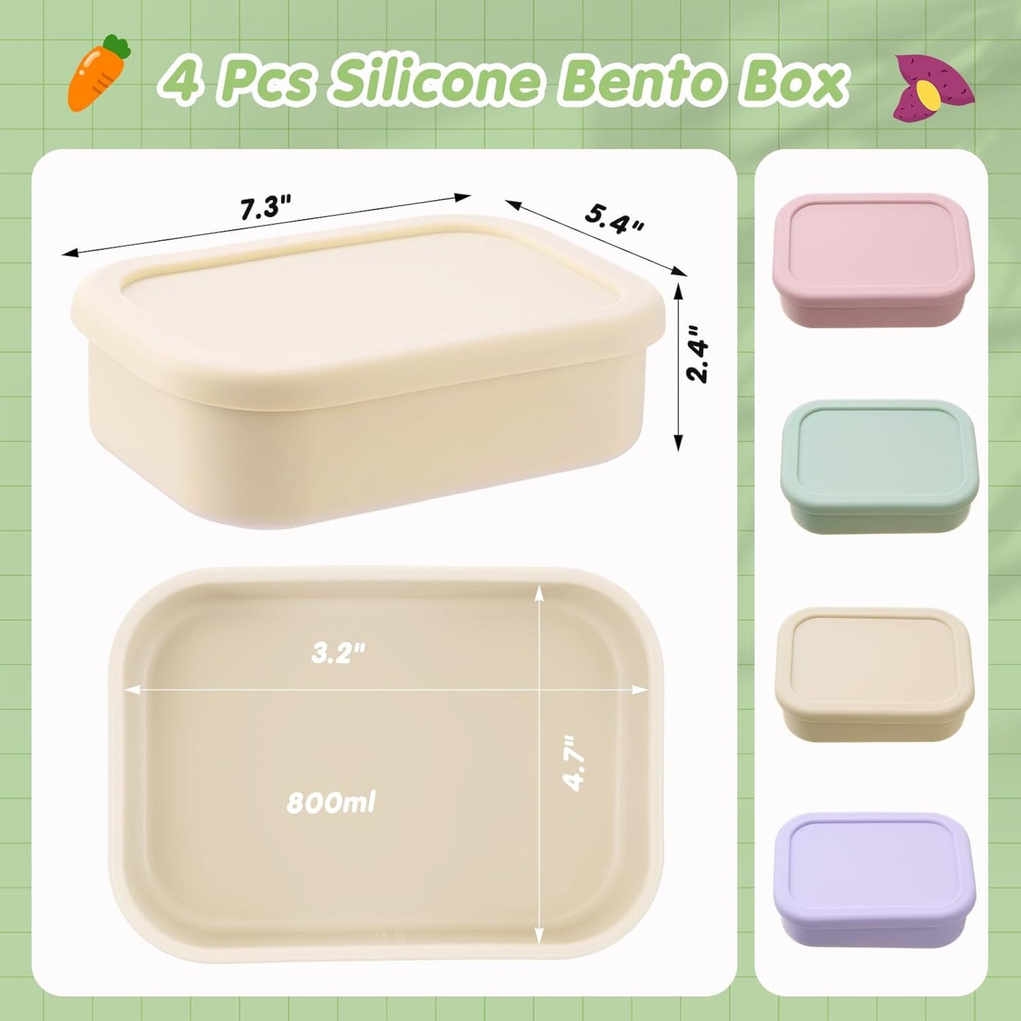 Layhit 4 Pcs Silicone Bento Box Lunch Box for Adult, 23.7 oz Reusable Sandwich Containers Food Storage with Lids Airtight for Lunch Meals Snacks, Dishwasher Freezer Safe (Matte Multicolor)