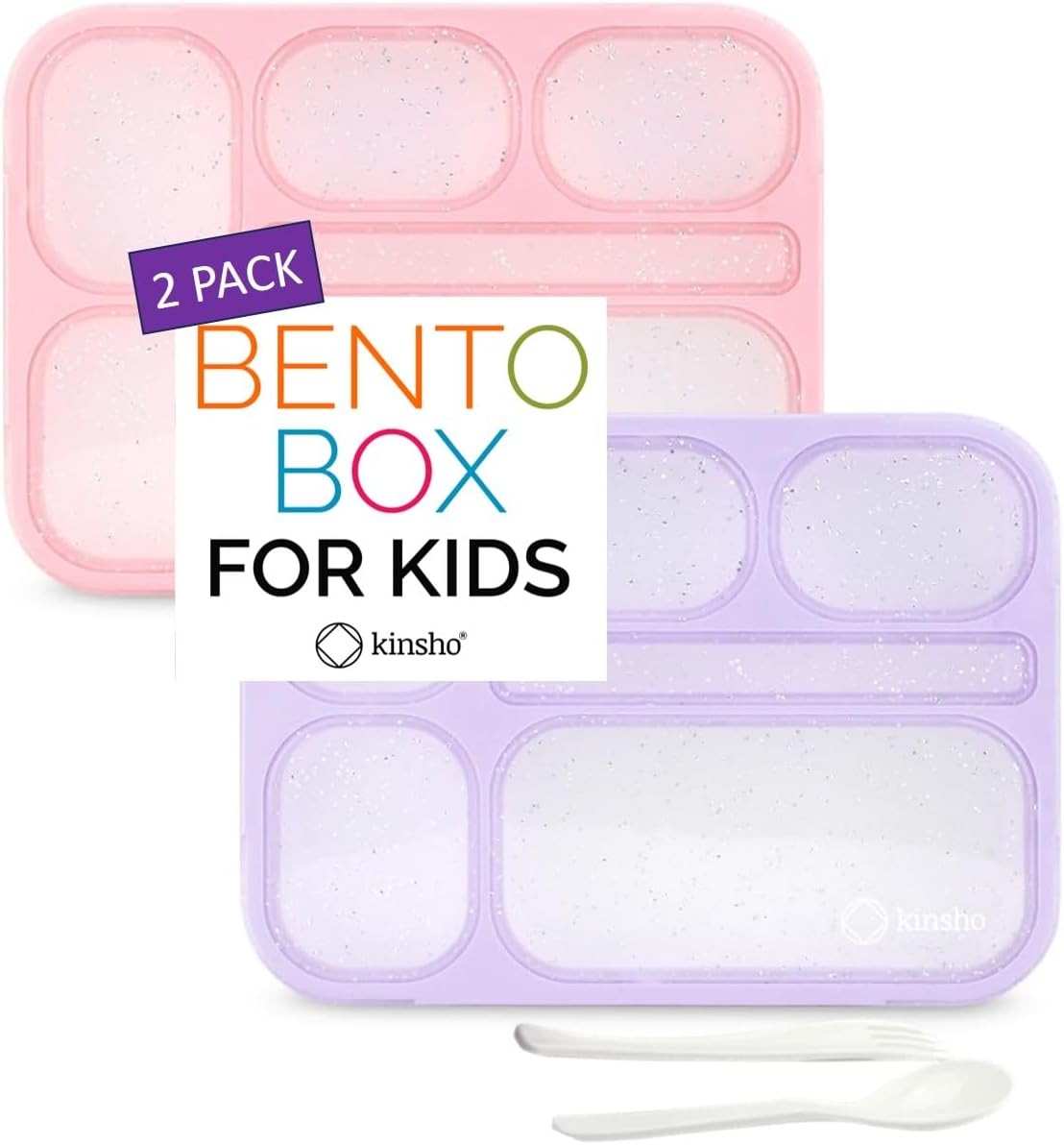 Glitter Lunch Box for Girls, Bento Boxes for School, Pre-School, Toddler Daycare, Travel. Kids Snack Containers, 6 Divided Leak Proof Compartments, BPA Free, Cute 2 Pack Set, Utensils, Pink & Purple