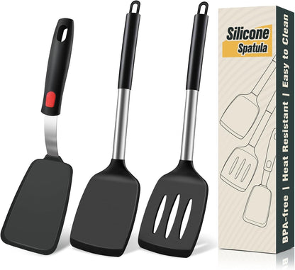 Silicone Spatula Set, Heat Resistant Solid & Slotted Turner for Non-Stick Pans, Silicone Cooking Utensils Set, BPA-Free, Flexible Spatula Turner for Flipping Eggs, Burgers, Pancakes, Black, 3 PCS-A