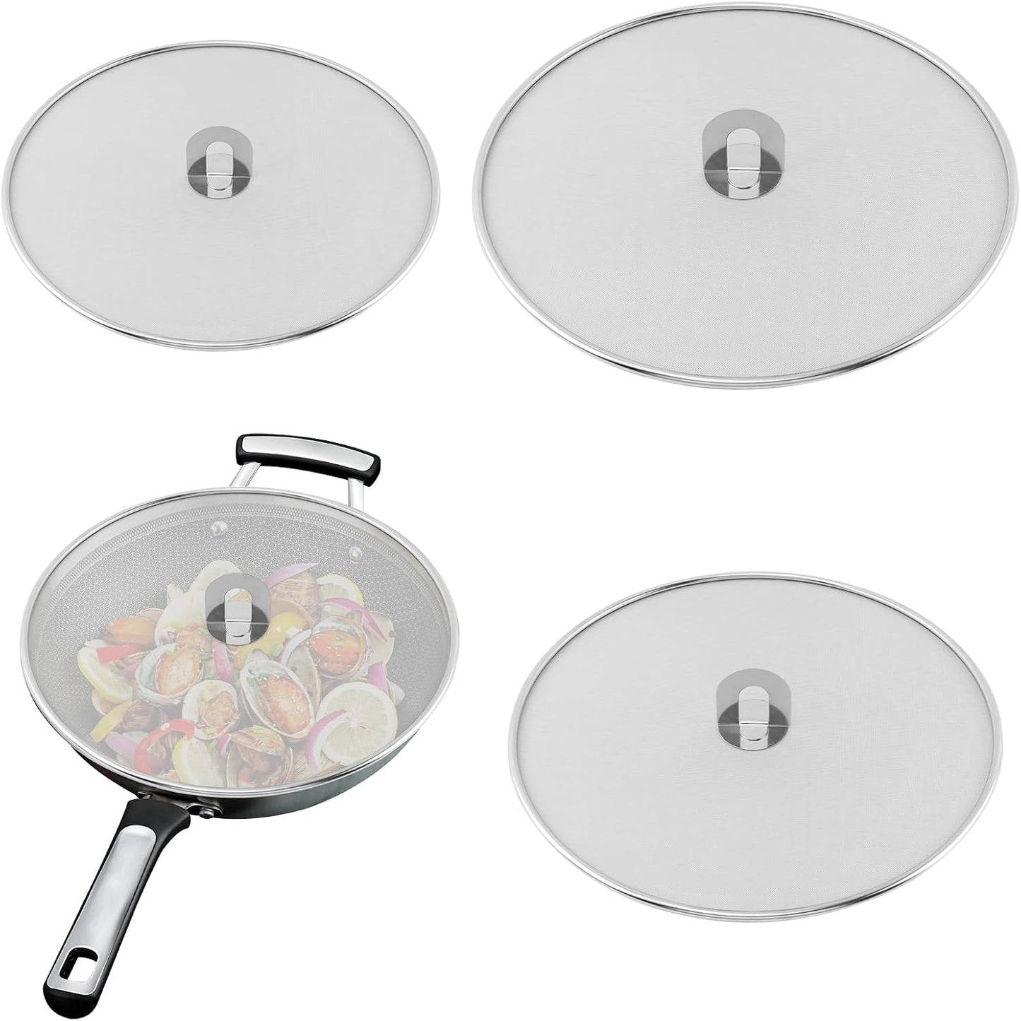 Splatter Screen for Frying Pan, 3 Pack Stainless Steel Extra-Fine Mesh, 10 in 11.5 in 13 in Grease Splatter Guard with Fold-Flat Knob, Dishwasher Safe