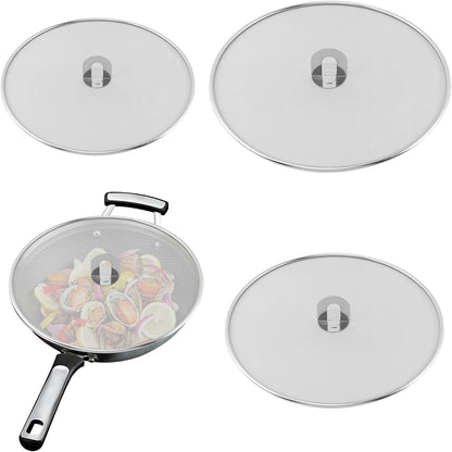 Splatter Screen for Frying Pan, 3 Pack Stainless Steel Extra-Fine Mesh, 10 in 11.5 in 13 in Grease Splatter Guard with Fold-Flat Knob, Dishwasher Safe