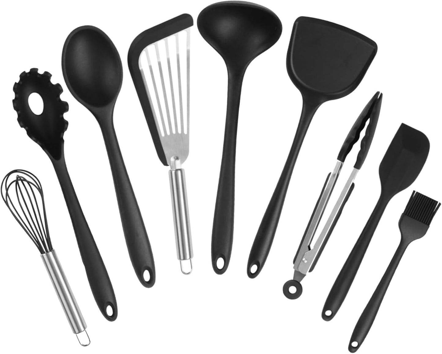 Silicone Black Cooking Utensil Set, 9 Pieces kitchen Utensil Set, Nonstick Tools Spatula Set, Heat Resistant Spatula Ladle Spoon Pasta Server for Cooking (Dishwasher safe)