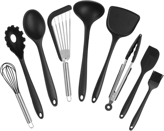 Silicone Black Cooking Utensil Set, 9 Pieces kitchen Utensil Set, Nonstick Tools Spatula Set, Heat Resistant Spatula Ladle Spoon Pasta Server for Cooking (Dishwasher safe)