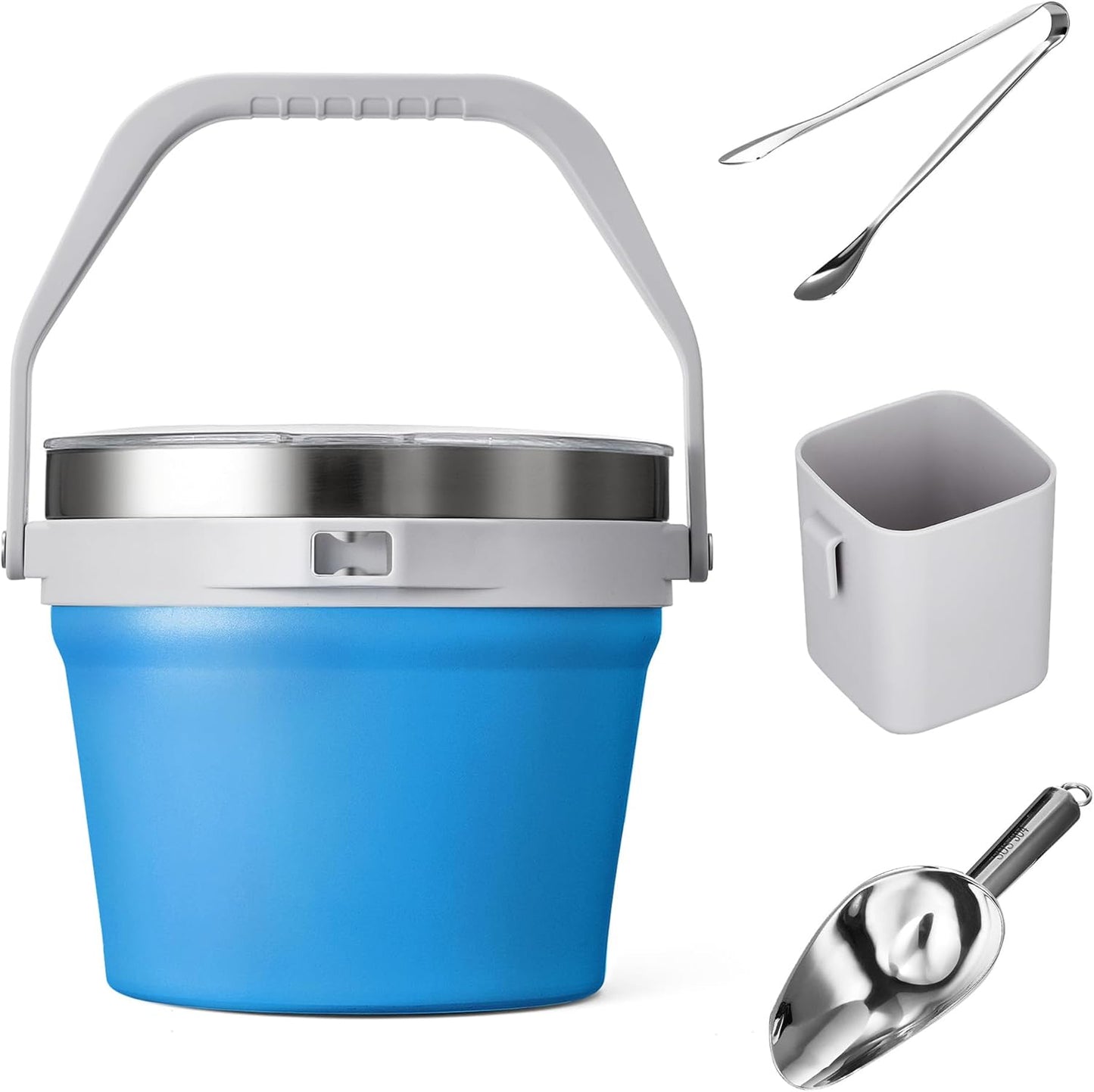COKTIK 7L Vacuum Insulated Ice Bucket with Lid and Scoop& Tongs，Large capacity Stainless Steel Beverage Bucket for Cocktail, Champagne, Wine, Beer，Large Parties（Milk White Suit）