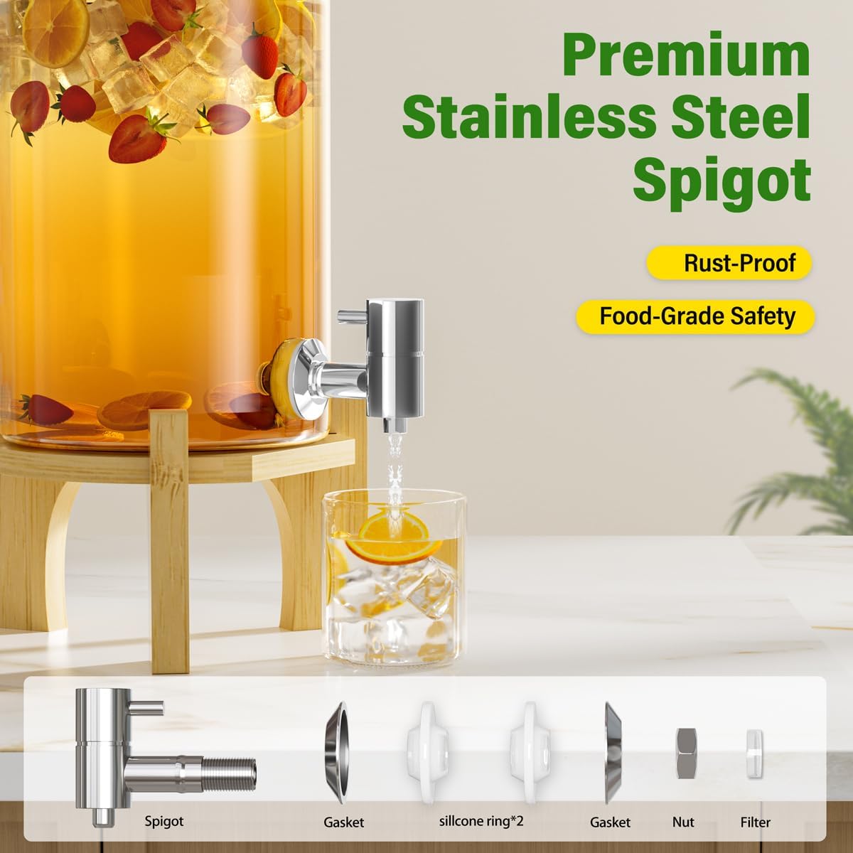 1 Gallon Glass Drink Dispenser For Parties, Beverage Dispenser With Bamboo Wood Stand And Stainless Steel Spigot, Countertop Water Dispenser, Lemonade Dispenser For Wedding, Picnic (1PACK)