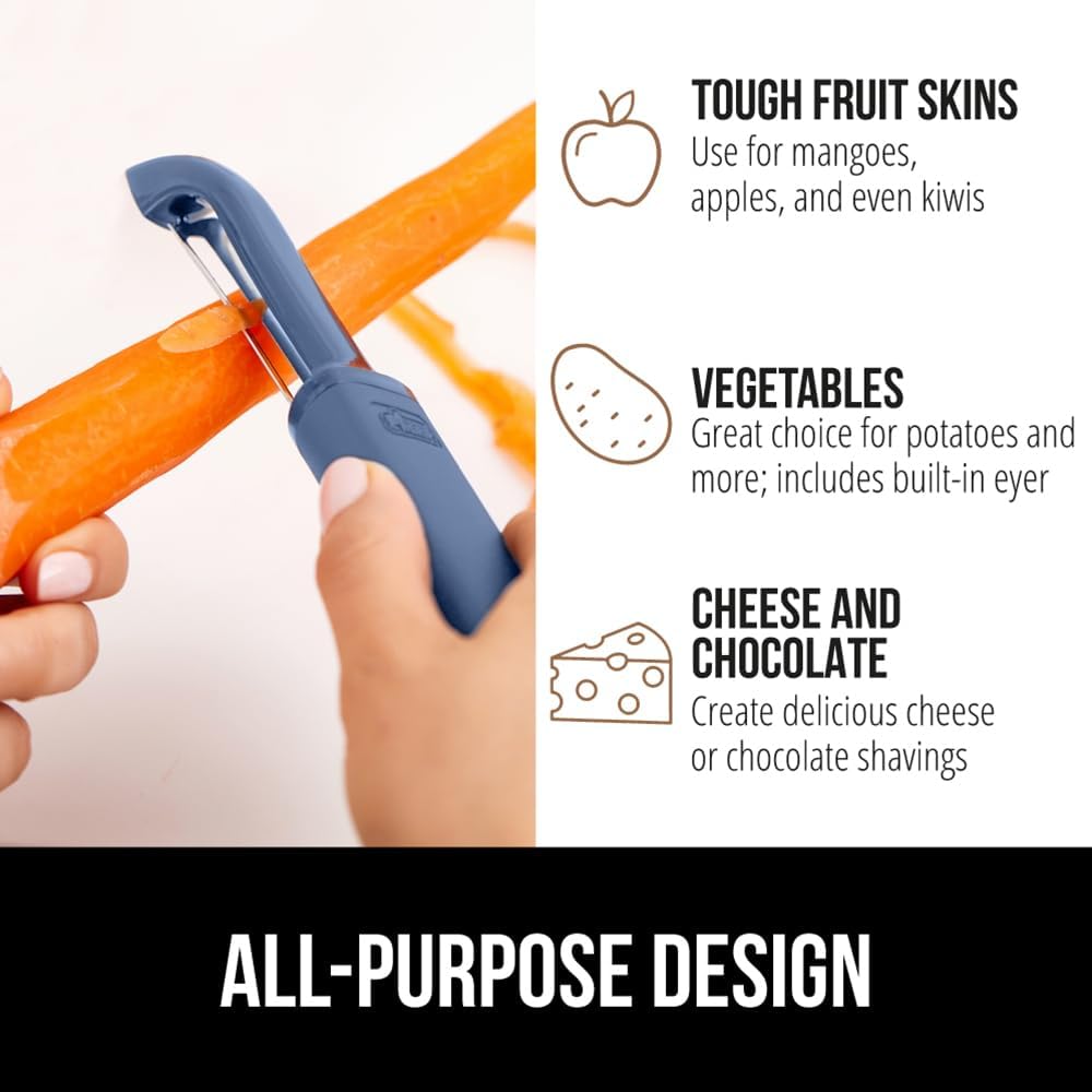 GORILLA GRIP® Patented BPA-Free Vegetable Peeler, Extra Sharp Swivel Stainless Steel Blades with Guard, Comfortable Soft Handle, Easily Peel Carrots or Fruit, Potato Eye Remover, Washer Safe, Black