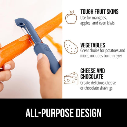 GORILLA GRIP® Patented BPA-Free Vegetable Peeler, Extra Sharp Swivel Stainless Steel Blades with Guard, Comfortable Soft Handle, Easily Peel Carrots or Fruit, Potato Eye Remover, Washer Safe, Black