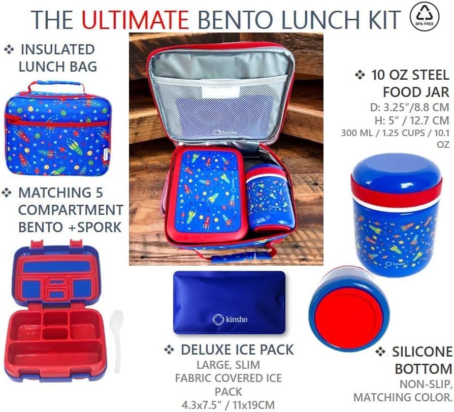 Bento Box with Stainless Steel Thermo, Insulated Lunch Bag, Ice Pack Set for Kids - 5 Compartments, Lunches or Snack Container for Girls, Toddlers Daycare Pre-School, Kindergarten Purple Unicorn