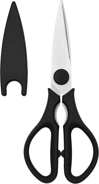 Grip Multi-Purpose Stainless Steel Kitchen Scissors - Non-Slip TPR Grip - Serrated Blade - Cuts Meat, Vegetables, Fish, Poultry, Fruits, Pizza - Nut cracker/Bottle opener - Dishwasher Safe (Blk/Grey)