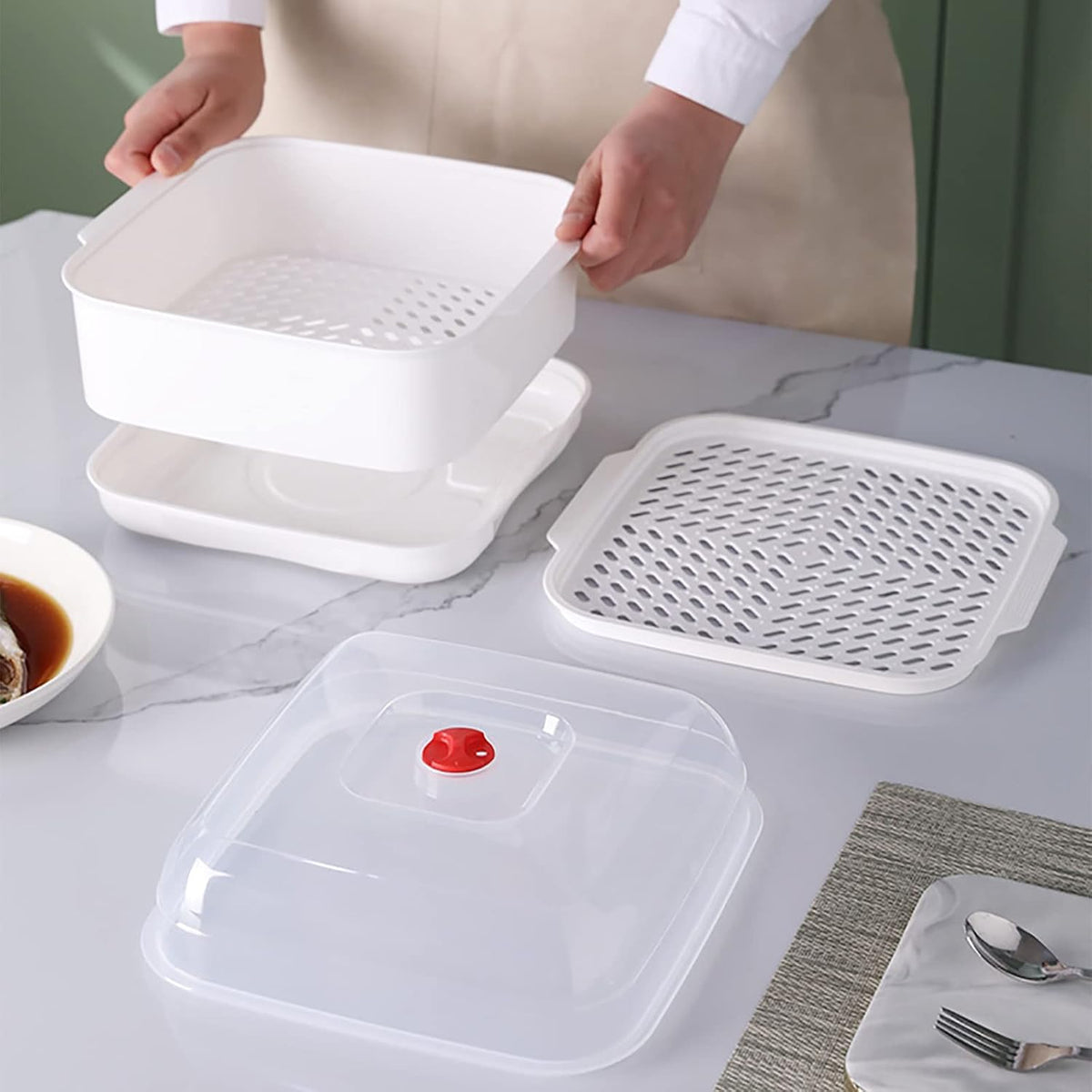 Microwave Steamer with Lid and Tray, Vegetables Steamer for Microwave Bowl, Microwavable Cookware Supplies (2 - Layer)