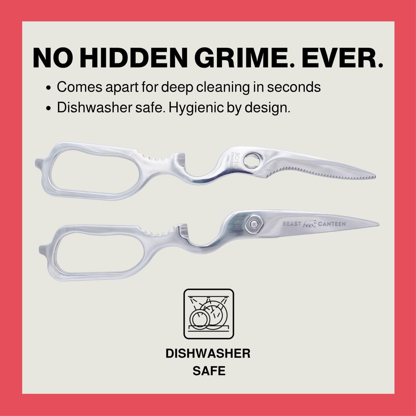 Heavy Duty Kitchen Scissors for Food — All Purpose Cooking Scissors, All Stainless Steel, No Plastic, Come-Apart Blades for Easy Cleaning, Dishwasher Safe, 5-in-1 Multi-Tool