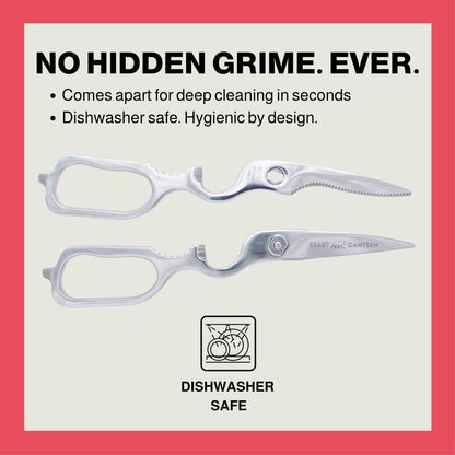 Heavy Duty Kitchen Scissors for Food — All Purpose Cooking Scissors, All Stainless Steel, No Plastic, Come-Apart Blades for Easy Cleaning, Dishwasher Safe, 5-in-1 Multi-Tool