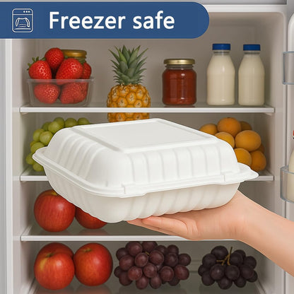 3-Compartment Clamshell Food Containers, Heavy Duty Plastic To Go Boxes with Hinged Lid, Microwave, Freezer & Dishwasher Safe, BPA-Free Takeout Trays for Meal Prep (White) (30, WHITE, 9 * 9inch)