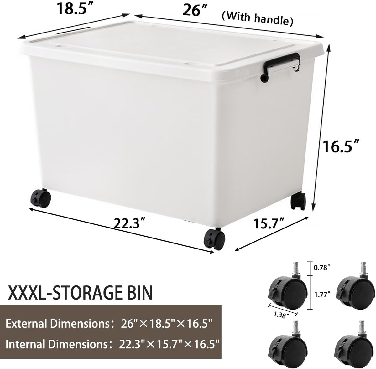 3 Extra Large Storage Bin with 4 Quiet 360° Swivel Casters - 55cm Heavy Duty Organizer with Snap-On Lid, Dust-Proof Moisture-Proof, Stackable Design for Living Room, Bedroom, Study
