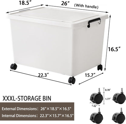3 Extra Large Storage Bin with 4 Quiet 360° Swivel Casters - 55cm Heavy Duty Organizer with Snap-On Lid, Dust-Proof Moisture-Proof, Stackable Design for Living Room, Bedroom, Study