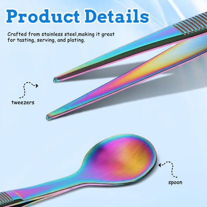 Tasting Spoon with Tweezer, 2 in 1 Stainless Steel Chef Spoon Serving Tongs, Professional Chef Tool for Cooking Plating Buffet Banquet Barbecue Grilling Appetizer, Multi